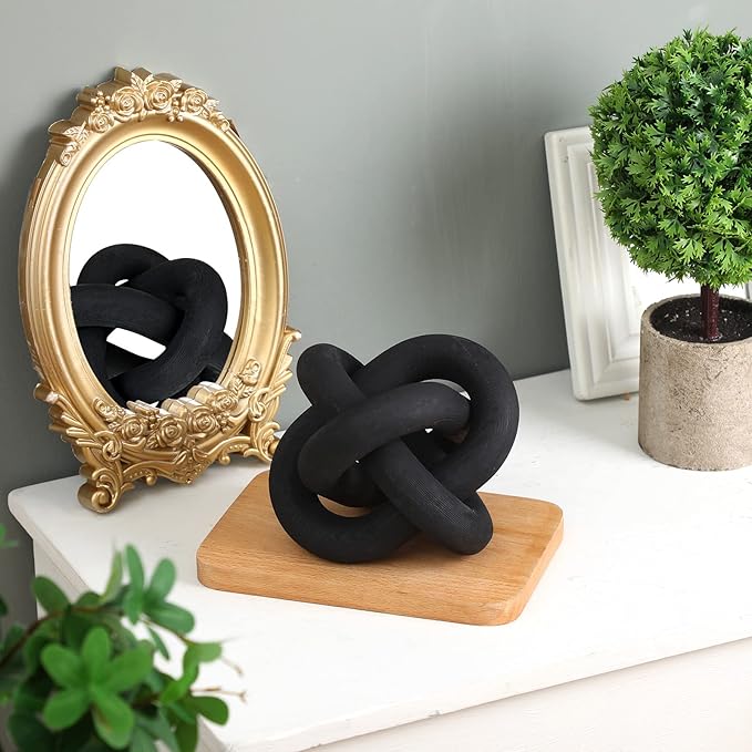 3 Link Wood Knot Decor - Hand Carved Coffee Table Decoration, Boho Chain Link Decor, Modern Shelf, Rustic Objects for Home Living Room Bedroom(Black)