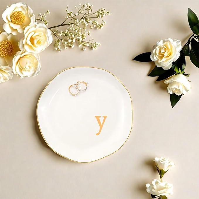 Ceramic Jewelry Dish with Personalized Monogram, White Decorative Ring Trinket Tray, Engagement Wedding Gift for Women Mom Friend, Letter y