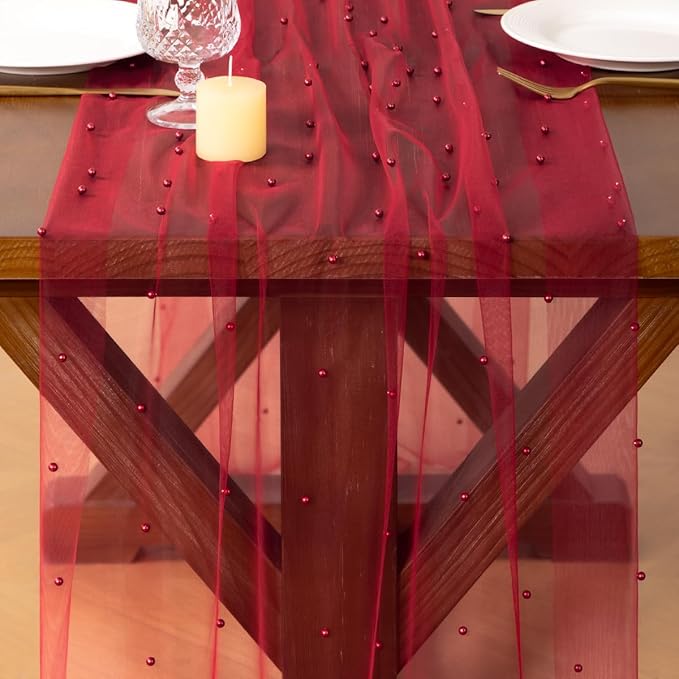 Socomi Pearl Table Runner Tulle Red Summer Cheesecloth 10FT Gauze Cheese Cloth Sheer Chiffon Dining Wedding Birthday Party Baby Shower Bridal Anniversary Holiday Centerpiece Table Decor