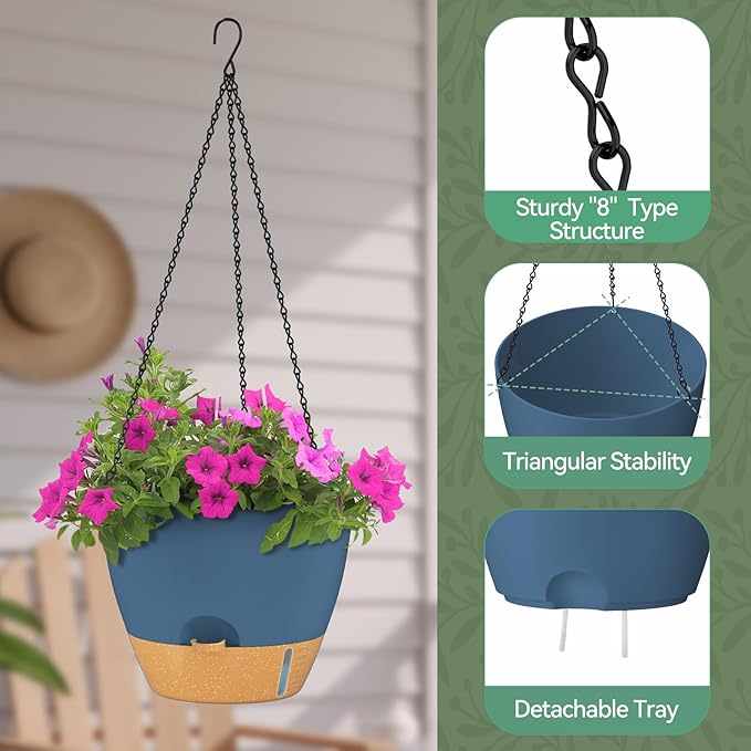 ZMTECH 12 Inch Hanging Planters for Indoor Plants & Outdoor, Self-Watering Hanging Pots with Drainage Holes, Visual Reservoir, Plastic Hanging Baskets for Outdoor Garden Home Decor, Blue
