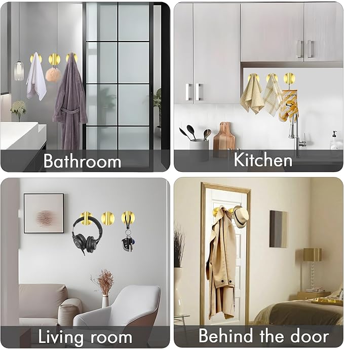 20 PCS Suction Cup Shower Towel Hooks, Wall Mount Robe Holder, Heavy Duty No Drill Wall SUS304 Waterproof Stainless Steel Hooks for Bedroom, Bathroom, Kitchen, Hotel and Office (Brushed Golden)