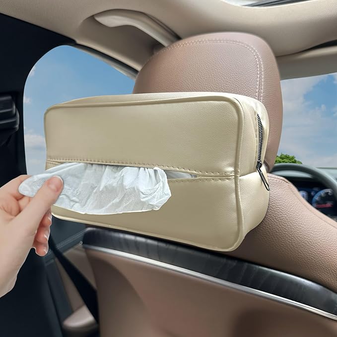 Large Car Tissue Holder for 120 Standard Tissues, Premium PU Leather Tissue Holder in Car Backseat Rectangular, Napkin Holder for Car Fits for Kleenex Tissues Box Daily Use Black (1, Beige)