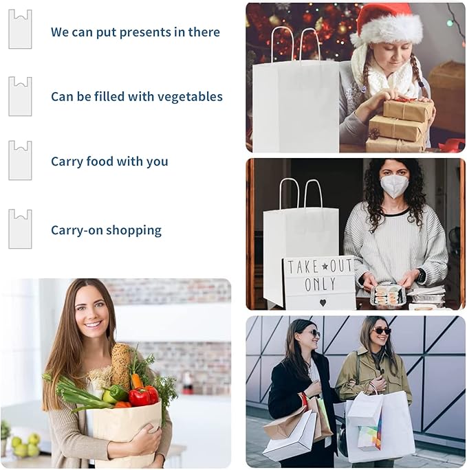 FACEBAG 50 PCS White Paper Bags with Handles Bulk, 8x4.25x10.5 Inches,Medium-sized White Gift Bags with Handles for Party Favors, Take-Out, Grocery Shopping & Retail, Reusable & Durable