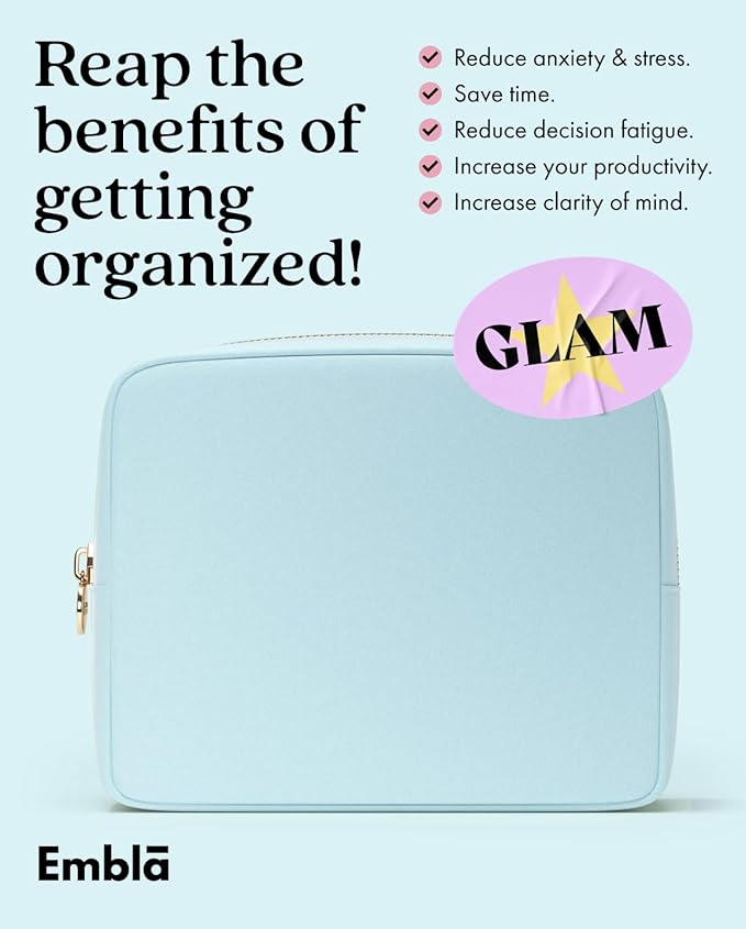 Embla Makeup Bag Travel Cosmetics Pouch and Toiletry Bag, Nylon Zipper Pouch Purse, Cute Make Up Organizer Storage Tote for Women Girls, Waterproof Travel Skincare Case, Large Makeup Bags, Sky Blue