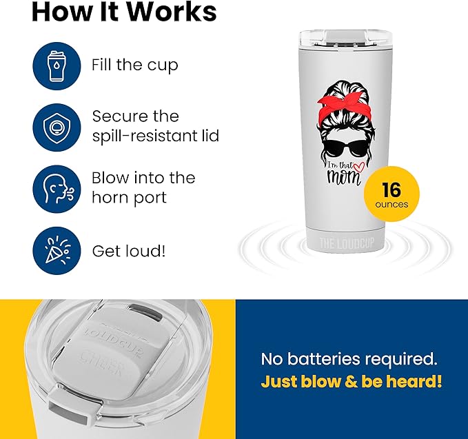 The LoudCup Blow Horn Tumbler, Cheer & Sip 2-in-1 Reusable Water Bottle with Built-In Horn for Sports Games, Tailgates, Parties & Events, BPA-Free