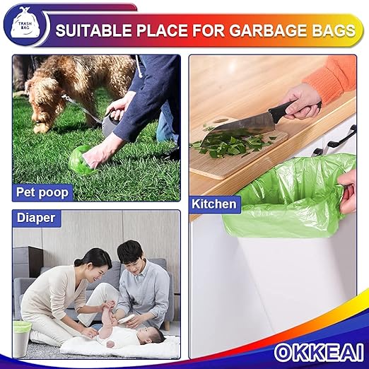 OKKEAI 3 Gallon Small Trash Bags, 100 Counts, Small Trash Can Liners, Garbage Bags, Mini 10L Wastebasket Bin Liners Bags for Bathroom, Kitchen, Bedroom, Living Room, Office, Green