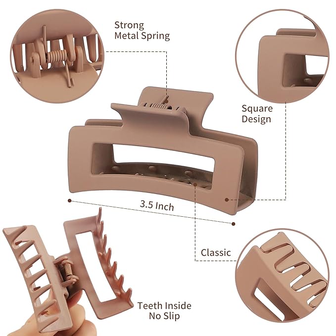 12 Pcs Medium Hair Clips for Women, 3.5 Inch Square Claw Clips, Colorful Hair Claw Clips for Thick and Thin Hair, Bulk Hair Accessories for Women and Girls- Brown