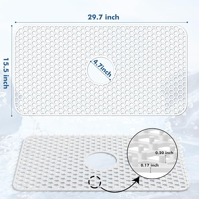 Silicone Sink Protectors for Kitchen Sink with Center Drain - 29.7"x 15.5" Kitchen Protector Accessory, Non-Slip Heat Resistant Mat for Bottom of Farmhouse Stainless Steel Porcelain (White)