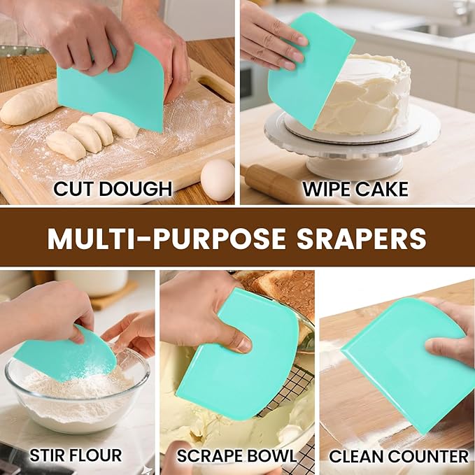 SCHVUBENR Dough Scraper Set with 2 Flexible Bowl Scrapers - Stainless Steel Dough Cutter & Bench Scraper with Measuring Scale - Versatile Kitchen Scraper for Bread, Pastry, Pizza, Cake - Black & Blue