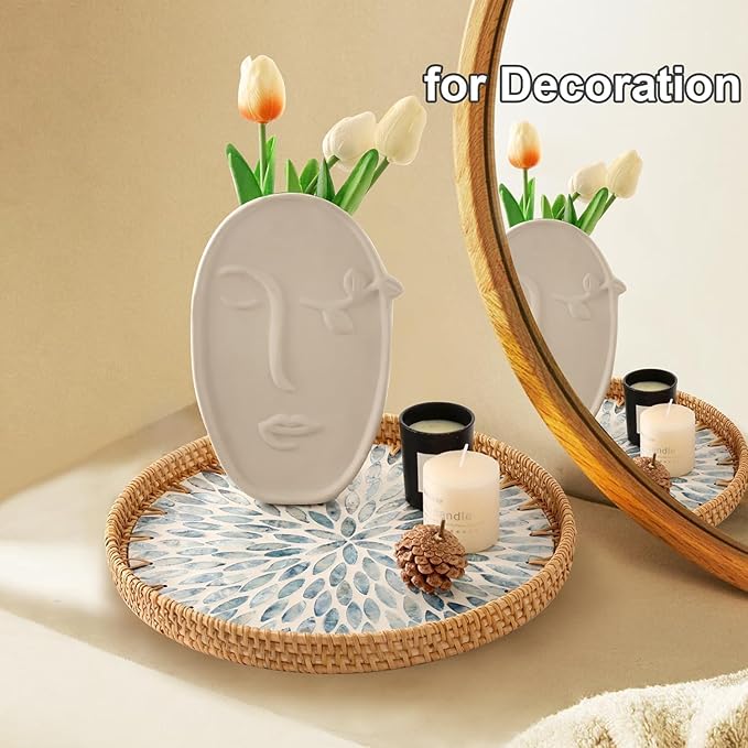 12" Large Rattan Serving Tray with Mother of Pearl, Decorative Coffee Table Trays for Home Decor, Large Wicker Woven Serving Tray Decor for Kitchen Counter,Living Room and Ottoman, Blue