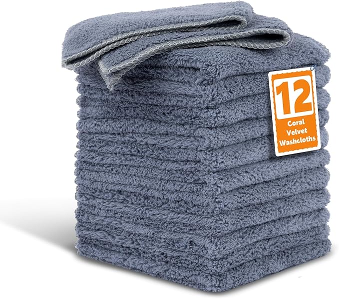 TEAWOO Coral Velvet Navy Blue Washcloths 12 Pack, Highly Absorbent and Soft Navy Blue Face Towels, Multi-Purpose Washcloths and Hand Towels for Bathroom, Hotel, Spa and Gym, 12 x 12 inches