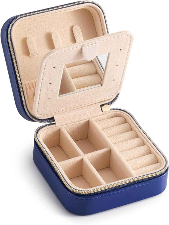 Jewelry Travel Case with Mirror,Small Travel Jewelry Organizer, Portable Jewelry Box Travel Mini Organizer Portable Display Storage Box For Rings Earrings Necklaces (NavyBlue)