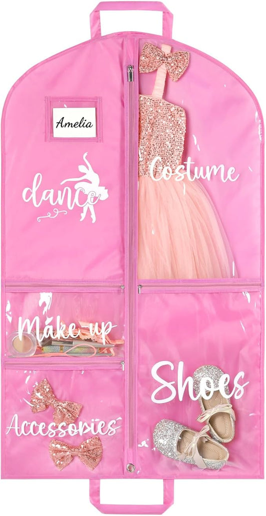 DEEKA Dance Garment Bag for Hanging Clothes with Zipper Pockets Dance Accessories Essentials Uniform Costume 40 Inch Dress Bags for Dance Competition Girls (Pink, White-Dance)