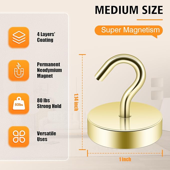 Neosmuk Magnetic Hooks, Cruise Ship Essentials, 80lb+ Heavy Duty Magnetic Hooks for Cruise Cabins, Refrigerator, Grill, Hanging, and Travel | Extra Strong Must-Have Magnet Hook, Gold, 5 Pack