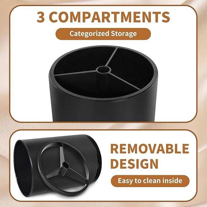 Extra Large Kitchen Utensil Holder, 360° Rotating Stainless Steel Cooking Utensil Holder for Countertop, 3 Compartment Flatware Organizer & Cooking Caddy with Removable Base（Black）