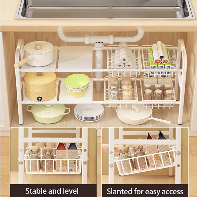 Under Sink Organizer, 2 Tier Expandable Heavy Duty Metal Shelf, with 5 Removable Panels and 5 Storage Baskets for Under Kitchen Bathroom Sink Organizers and Storage (White, Large)
