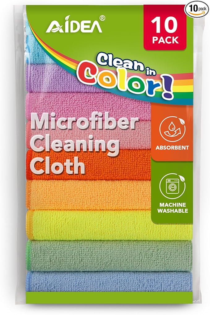 AIDEA Microfiber Cleaning Cloth, 10PK, Colorful Lint-Free Vibrant Cleaning Rags, Microfiber Towels for Cars, Kitchen Cloth, Dusting Cloth for Home, Window, Cleaning Supplies, 11.5"×11.5"