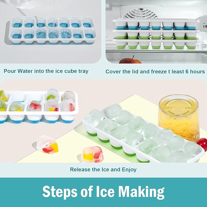 Ice Cube Trays for Freezer – 5 Pack 70 Cubes Total, Reinforced Snap Lids That Stay Closed, Silicone Push-Release Bottom, BPA-Free, Stackable & Spill-Proof – Perfect for Parties, Home Bar & Daily Use