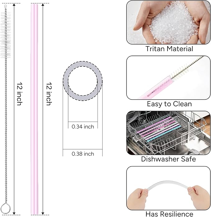 Replacement Straw Compatible with 40 oz Stanley Quencher Tumbler, 12 Inch Extra Long Reusable Plastic Straws for 40 Oz Cup,Pink-6 Pack