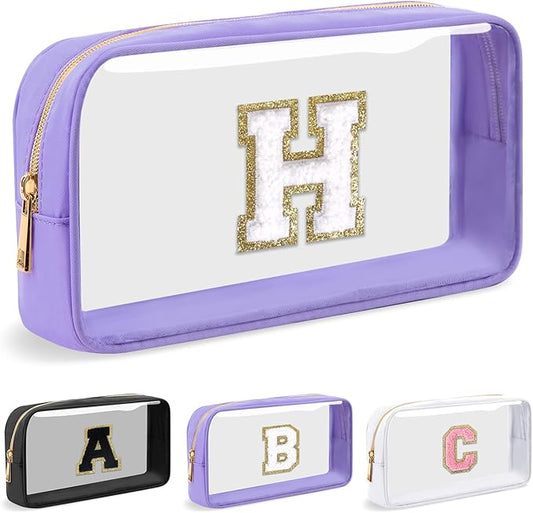Personalized Initial Letter Clear Makeup Bag, Preppy Small Nylon & PVC Cosmetic Zipper Bag with Chenille Letter, Travel Skincare Toiletry Bag, Monogram Christmas Gift for Teen Girls Women, H