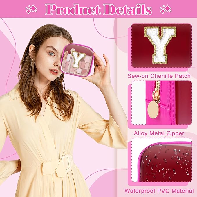 Personalized Initial Letter Clear Preppy Makeup Bag,Mini Nylon Chenille Letter Cosmetic Bag Cute Zipper Pouch Coin Purse for Teen Girls,Portable TSA Approved Travel Essentials Bag Gift for Women,Y