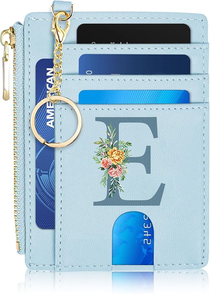 Slim Card Holder for Women, Initial Slim Wallet for Women RFID Blocking Thin Travel Wallet,PU Leather Credit Card Holder, Personalized Birthday Gifts for Women Sister Mom Daughter（Blue）