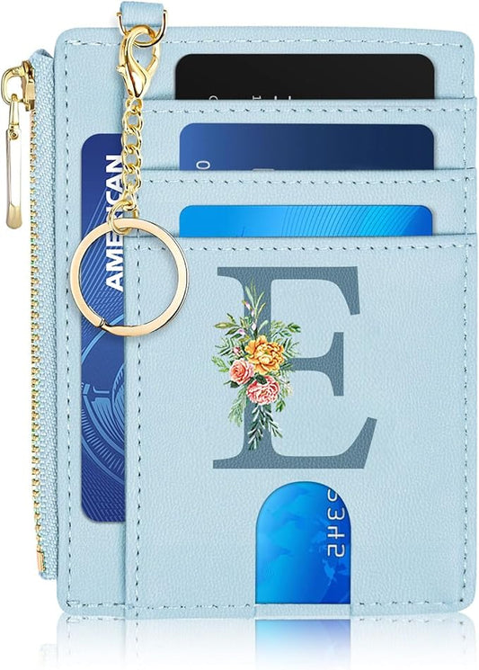 Slim Card Holder for Women, Initial Slim Wallet for Women RFID Blocking Thin Travel Wallet,PU Leather Credit Card Holder, Personalized Birthday Gifts for Women Sister Mom Daughter（Blue）