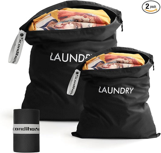 Travel Laundry Bag (2 Pcs - Large + Medium) - Foldable Waterproof Washable Wet Dry Bag for Gym, Swimming, Yoga, and Workout Perfect for Dirty Clothes, Bathing Suits, Travel Accessories Black