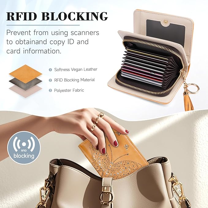 Women RFID Blocking Small Bifold Wallet, Compact Cash Clutch with Zipper Coin Pocket, Glittery Butterfly Design, Credit Card Holder, Travel Purse with Tassel YELLOW