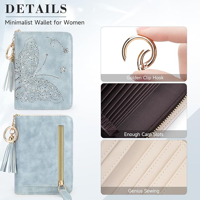 Women RFID Blocking Small Bifold Wallet, Compact Cash Clutch with Zipper Coin Pocket, Glittery Butterfly Design, Credit Card Holder, Travel Purse with Tassel BLUE