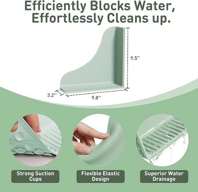 Roslim No-Adhesive 2-Pack All-Silicone Shower Splash Guard with Strong Suction Cups, Reusable Bathtub Corner Water Blocker for Secure Seal, Keeps Water in Shower or Bath, One-Piece Design, Mint Green