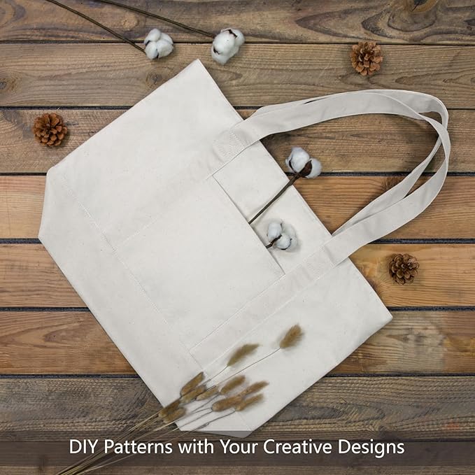 TOPDesign 30-Pack Canvas Tote Bags with an External Pocket, Reusable Grocery Shopping Bags, Top Zipper Closure, Daily Essentials (Natural)
