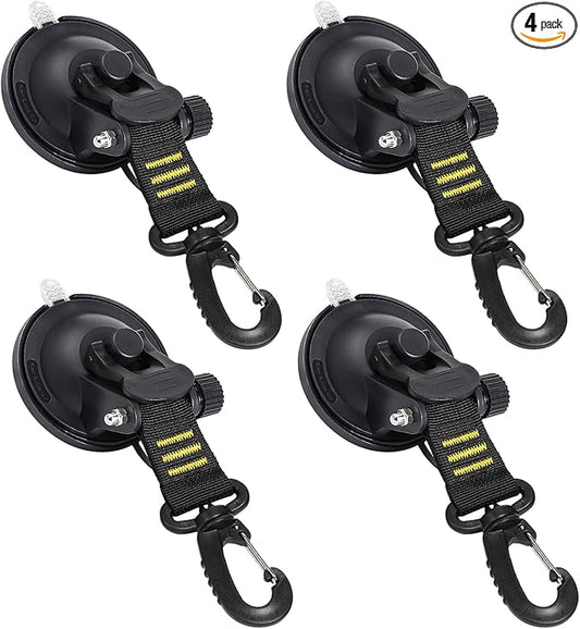 CONBOLA Suction Cups Hooks 4 Pieces Outdoor Car Camping Essentials Heavy Duty Upgraded Tie Down Suction Cup, Camper Accessories Strong Power for RV Boat Window Glass Camping Trap. (4 pcs, Yellow)