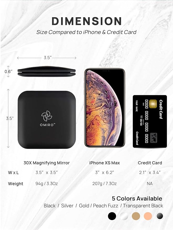 OMIRO Folding Compact Mirror, 1X/30X Magnification 3½” Pocket Size Square Hand Mirror for Travel Makeup (Black)