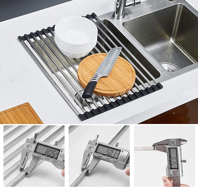 Ahyuan Roll up Dish Drying Rack Over The Sink Dish Drying Rack Square Tubes Dish Rack Over Sink Dish Racks for Kitchen Counter RV Camper Accessories for Travel Trailers (Black, 17.8''Wx13.4''L)