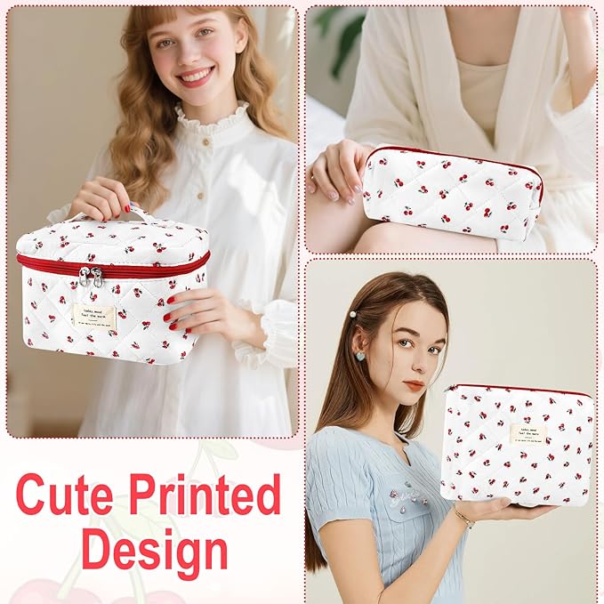 3Pc Cotton Quilted Makeup Bag for Women Extra Large Coquette Small Floral Travel Cosmetic Bag Set Cute Cherry Makeup Pouch Portable Toiletry Bag Organizer Vintage Puffy Essential Storage Bag