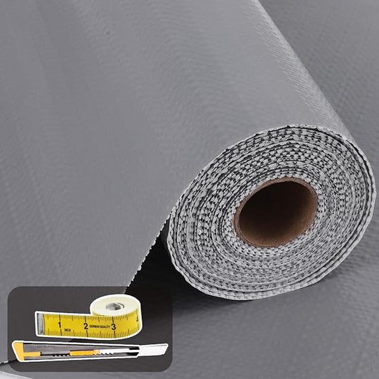 Shelf Liners for Kitchen Cabinets 17in x 30FT Non Adhesive Drawer Liner Grey Thickened Shelf Liner Paper Strong Non-Slip Easy to Clean for Tool Box Refrigerator with Knife and Tape Measure