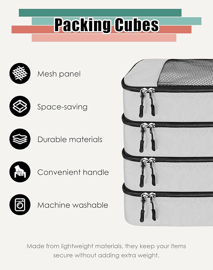4-Piece Packing Cubes Travel Accessories Set for Suitcases - Luggage Organizer Bags with Double Zipper - Mesh Top - Medium - Beige