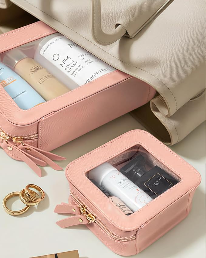 2 Pcs Travel Clear Makeup Bag Set, Clear Makeup Organizer with Zipper Leather Travel Bags for Toiletries Small Cosmetic Bags for Women Mini Make up Pouch Toiletry Bags Car Essentials