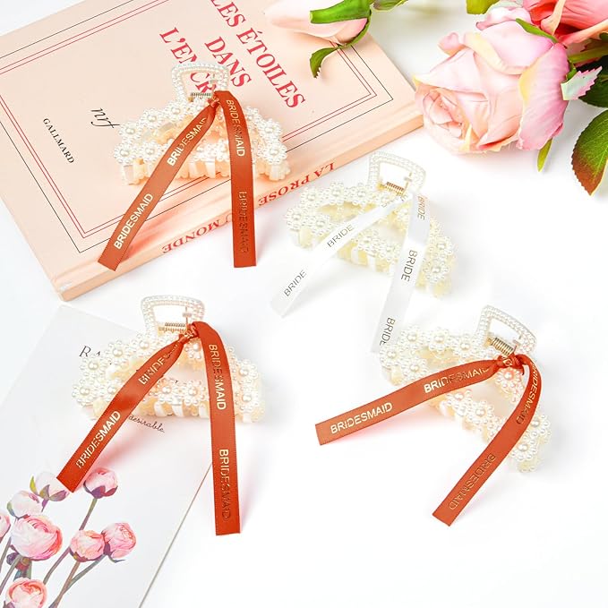 DEEKA Bridesmaid Proposal Gifts 8 Pack Pearl Bridesmaid Hair Claw Clips with Ribbon 3 Inch Hair Clips Bachelorette Party Favors Bridal Party Present Hair Accessories (Half Circle White&Orange)