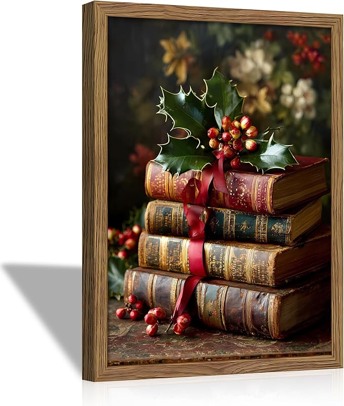 Vintage Christmas Books Canvas Wall Art Framed, Dark Academia Pictures Wall Decor, Rustic Xmas Bookish Decor, Moody Paintings Prints, Winter Navidad Artwork for Home Library Reading Room 12x16 Inch