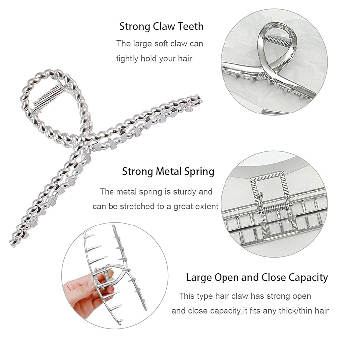 4 Pack Large Metal Hair Clips for Thin to Thick Curly Hair, 4.3 Inch Big Nonslip Silver Color Clamps, Perfect Fashion Jaw Claw Hair Styling Accessories for Women and Girls
