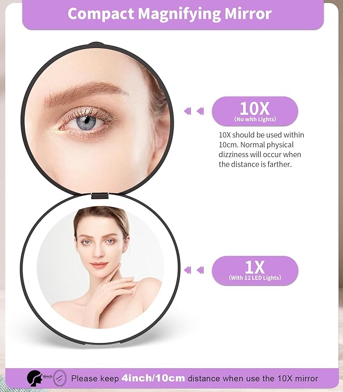 WOBSION Travel Compact Mirror,Portable 1x/10x LED Makeup Mirror with Magnification,Handheld 2-Sided Pocket Mirror, 3.5in Small Mirror for Purse,Handbag,Gift,Black