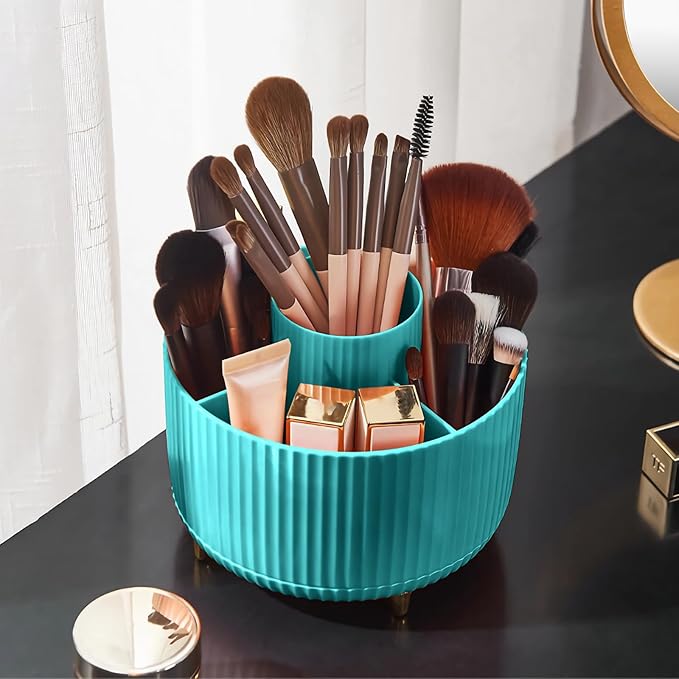 Diesisa 360 Rotating Makeup Brush Organizer With 5 Sections, Spinning Countertop Swivel Makeup Brush Holder for Cosmetics, Nail Polish, Art Supply, Bathroom Vanity Desktop Organizer - Blue