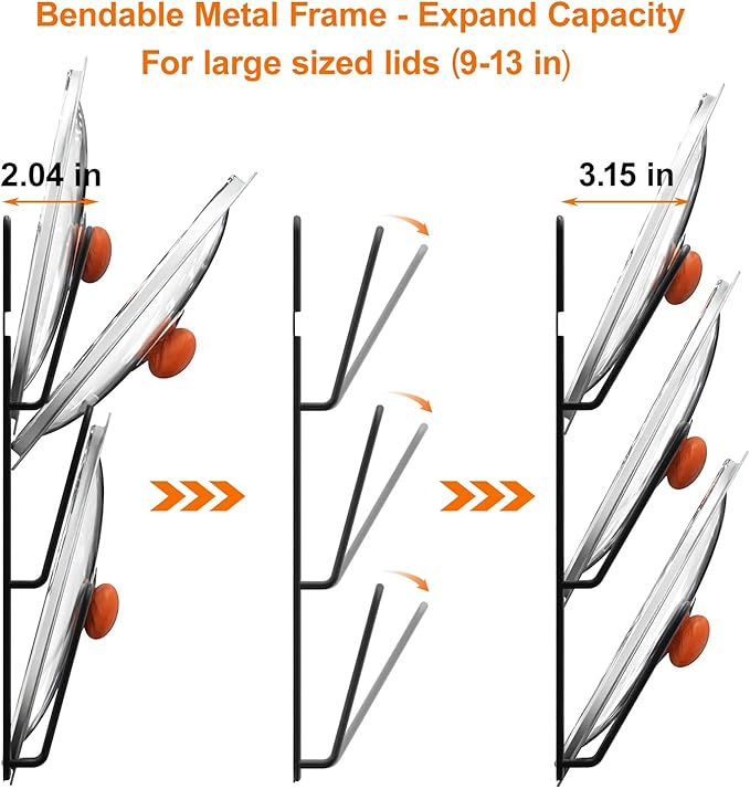 2 Pack Pot Lid Organizer Rack, 6-Tier Pot Lids Holder for Cabinet Door/Wall, No Drilling Adhesive Wall/Door Mounted Rustproof Pot and Pan Cover for Kitchen Storage, Classic Black