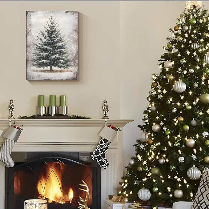 Vintage Christmas Wall Art Framed - Pine Tree Pictures Wall Decor, Winter Navidad Painting Decorations for Home Indoor, Rustic Christmas Canvas Prints, Nostalgic Navidad Decorations 16x124 Inch