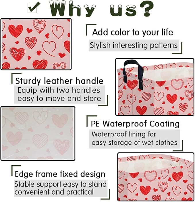 Rectangular Pink Valentine's Day Gift Basket,nursery basket,Pink girls gift baskets,kids toy storage Bin, Love Heart Room Decor for Home,Shelf Baskets(Romantic Heart)