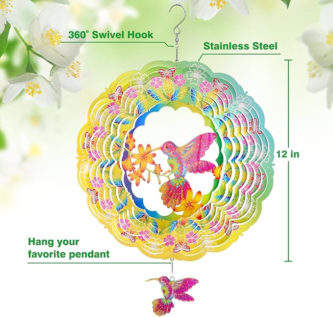 Wind Spinners - 12 Inches Hummingbird Wind Spinner, 3D Reflective Metal Wind Sculptures, Decor for Home, Outside, Garden, Yard Art, Hummingbird Gifts for Daughter, Mom, Grandma's Birthday, Yellow Cyan