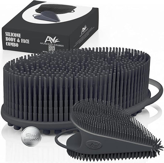 Silver Infused Body Face Scrubber Set - 2 Pack Premium Shower Brush Kit - Avilana Advanced Material Bath Loofah Alternative Complete Skincare System - Luxury Gift Set Women Men