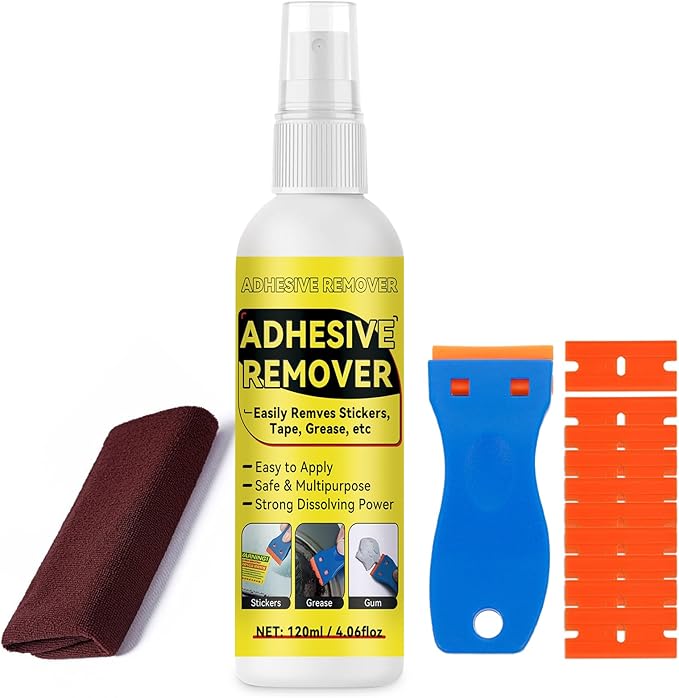 Adhesive Remover, Multipurpose Sticker and Label Cleaner, Surface-Safe Glue Remover with Plastic Scraper, Quickly Removes Decals, Tape Residue, Gum, Tar and Grease, 4.06 fl oz